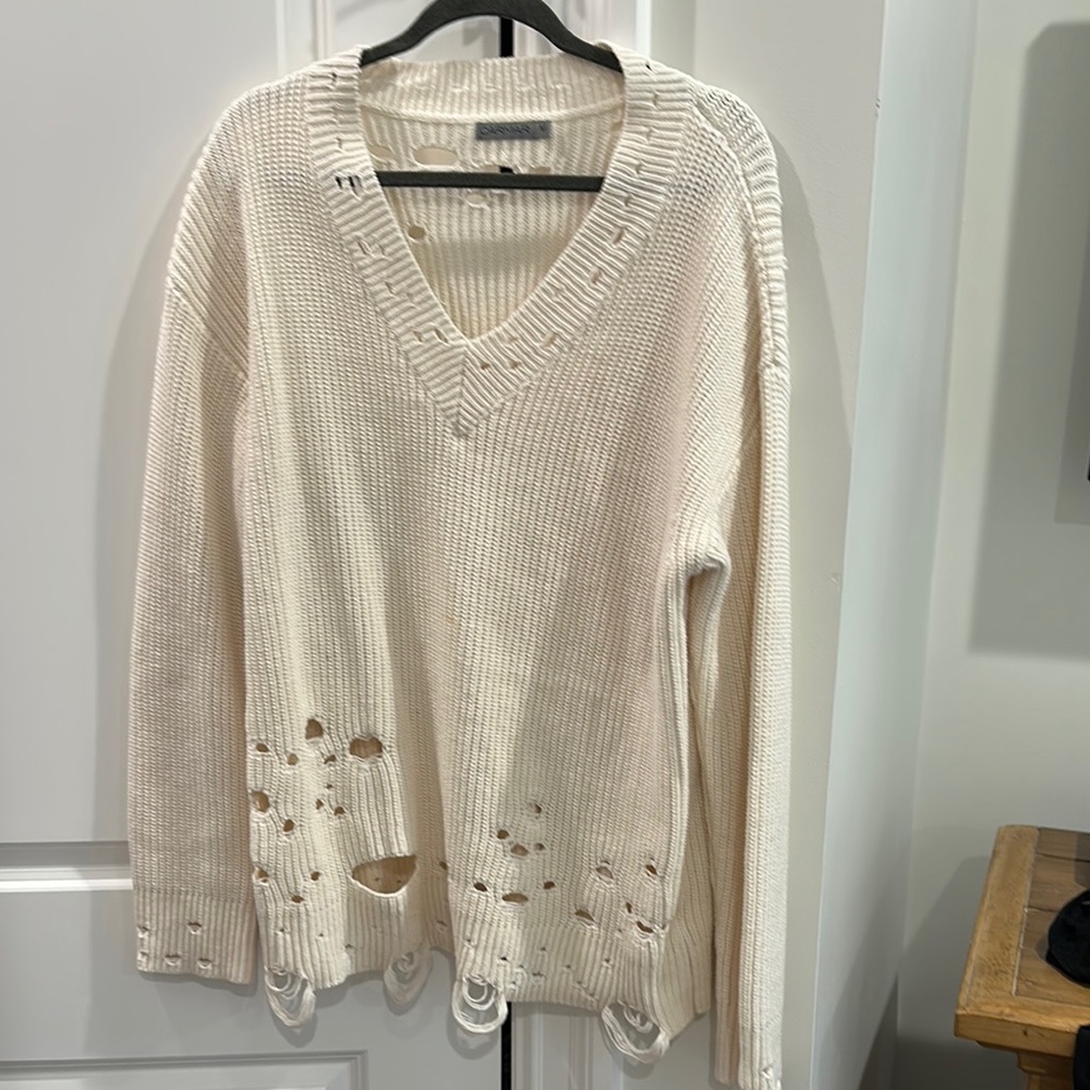 Carmar Cream Distressed V-Neck Sweater